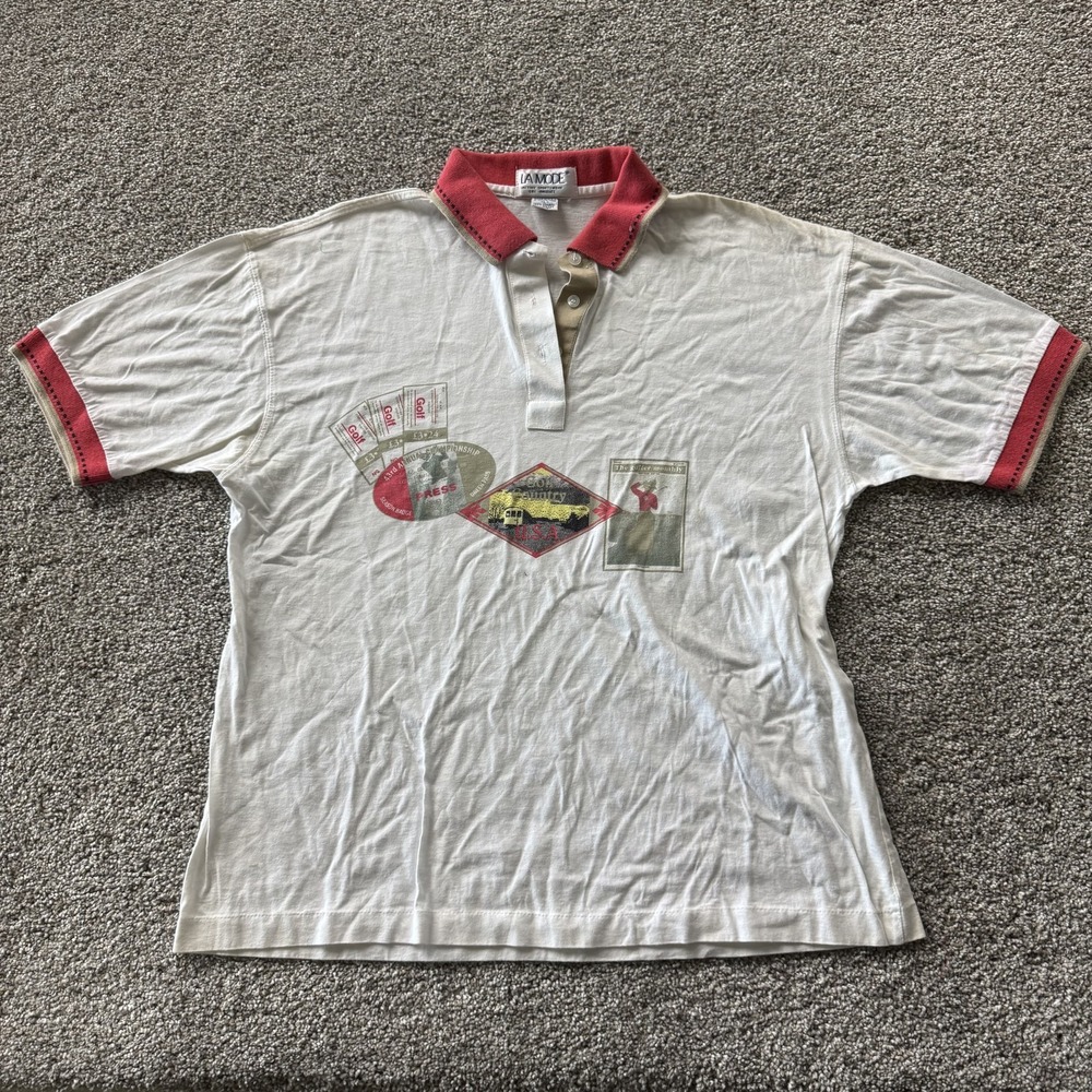 Vintage La Mode Polo Shirt Mens L White Golf Graphic Short Sleeve Cotton USA